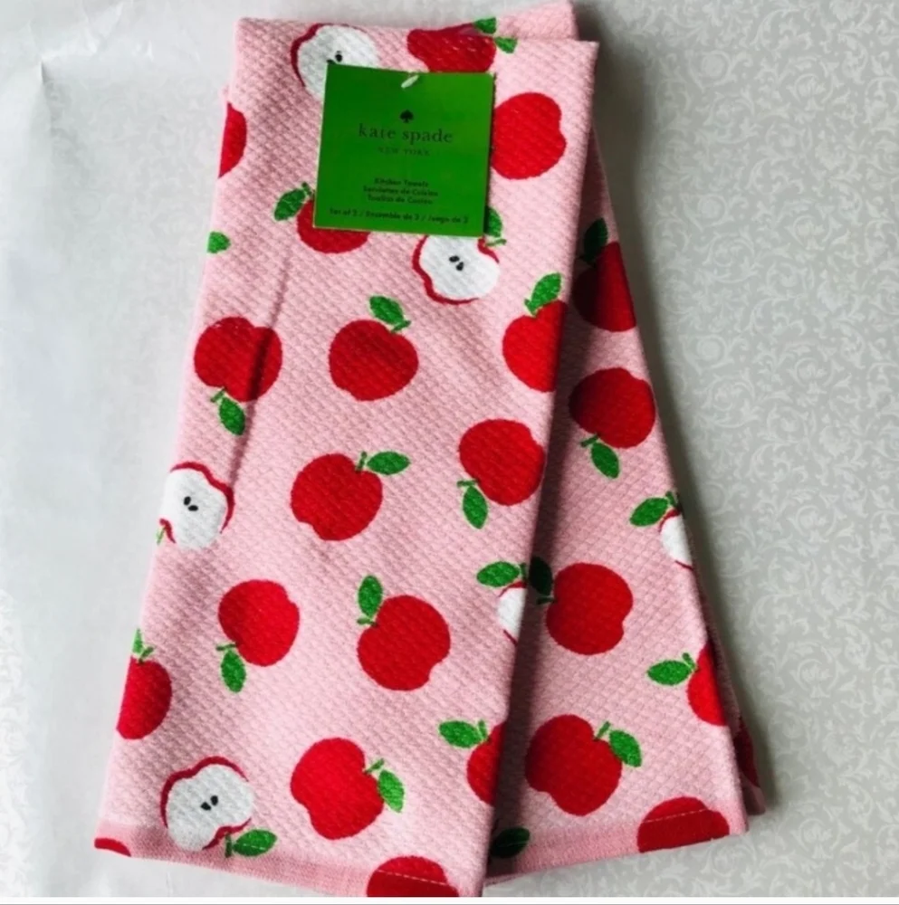 Kate Spade Set of 2 Dish Towels with Red Apple Design NWT